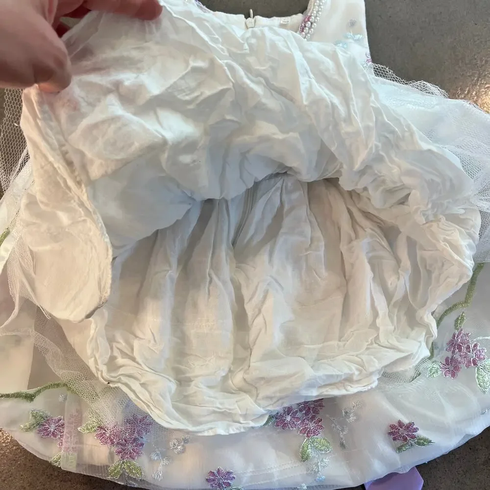Girls floral Embroidered lavendar satin bow formal dress pearl collar Toddler 4T